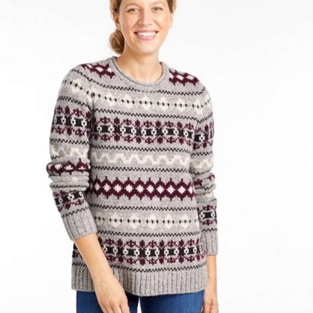 LL Bean‎ Classic Ragg Wool Sweater Fair Isle Purple Gray Crew size small petite